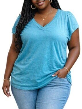 Grace Elements Size XXL Top V-Neck Ruched Cotton Tee Lightweight Aloha Blue